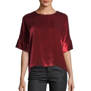J Brand Daisy Crewneck Half Sleeve Velvet Top Silk Blend Red Large